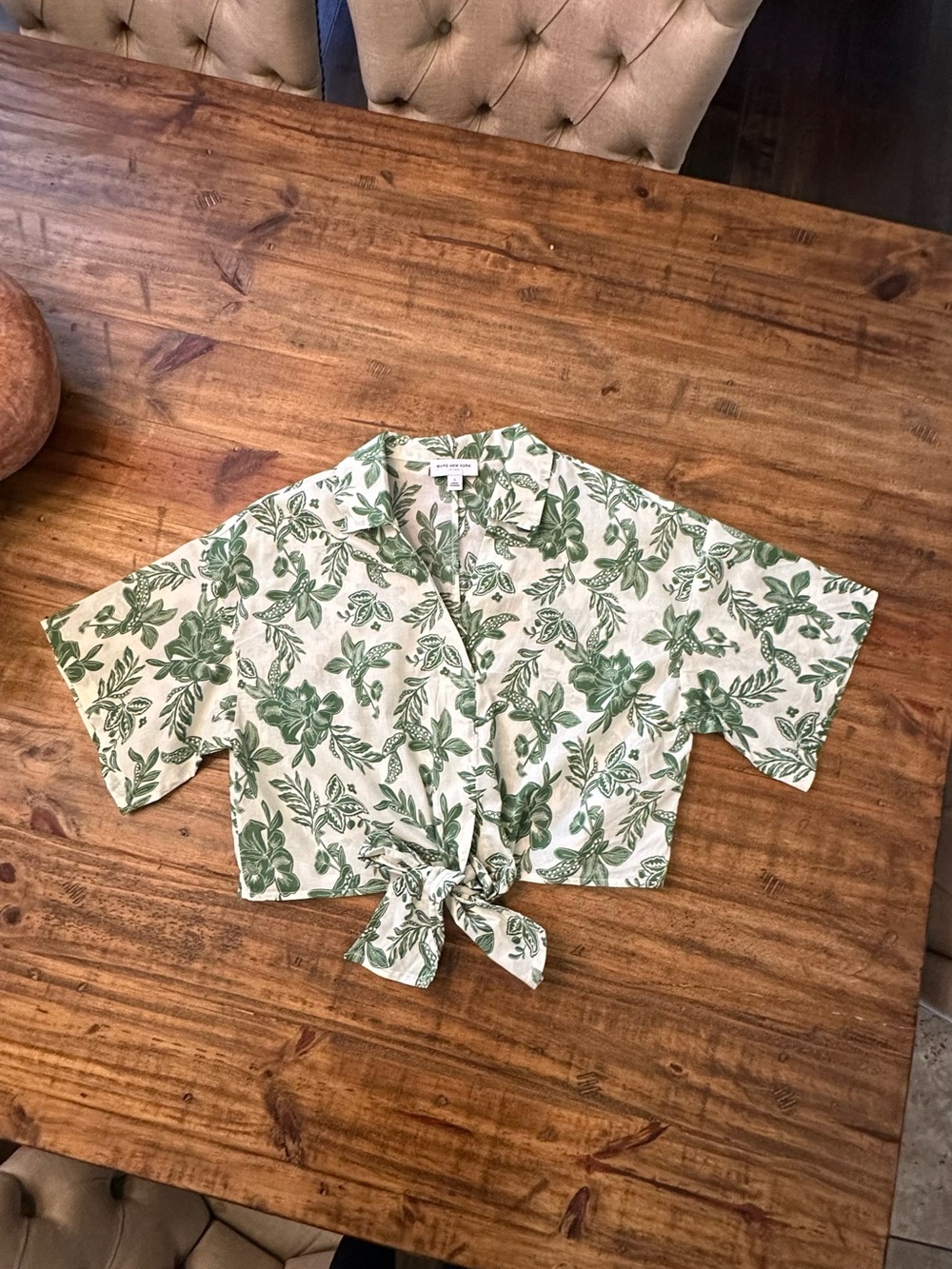 Marc New York Green Floral Tie-Front Crop Blouse